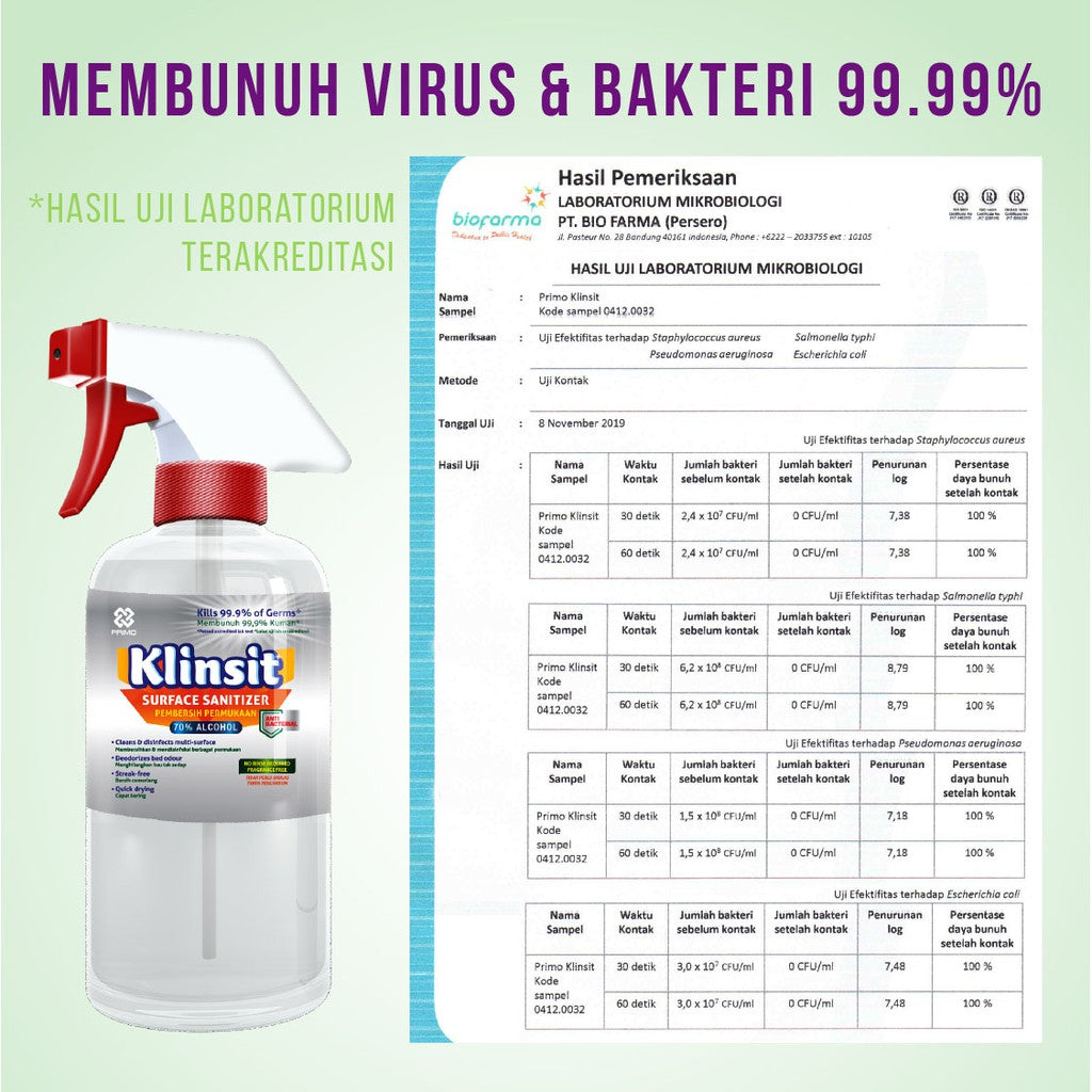 Klinsit Disinfectant Spray 500mL - Alcohol Food Grade 70%
