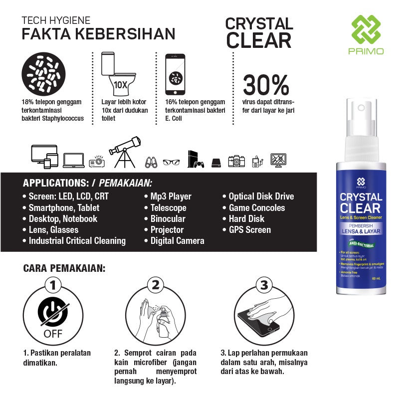 Crystal Clear Gadget Cleaner 60mL - Gadget, Lens, Screen Cleaner, Antiseptic Disinfectant