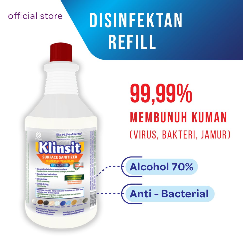 Klinsit Disinfectant Spray 1L - 70% Food Grade Alcohol
