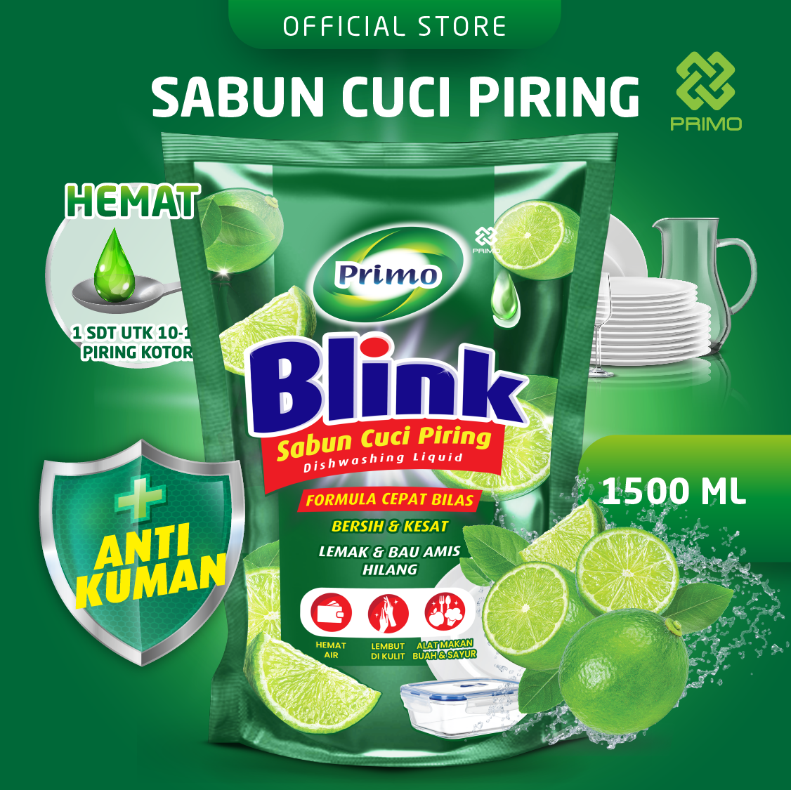 Blink Dishwashing 1500mL - Sabun Cuci Piring Jeruk Nipis (Konsentrat Asli, Tanpa Pengental)