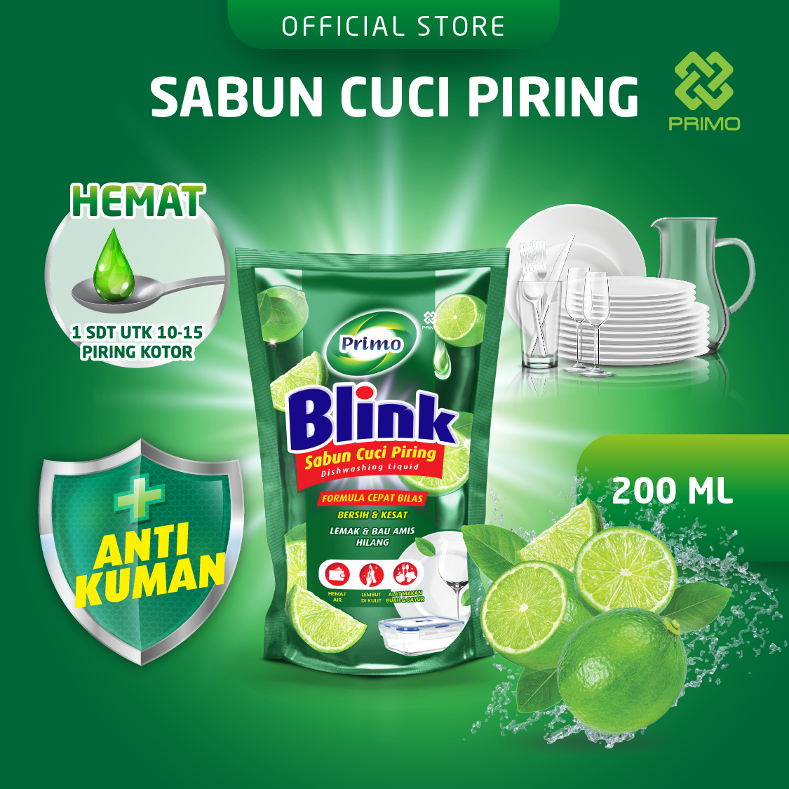 Blink Dishwashing 200mL - Sabun Cuci Piring Jeruk Nipis (Konsentrat Asli, Tanpa Pengental)