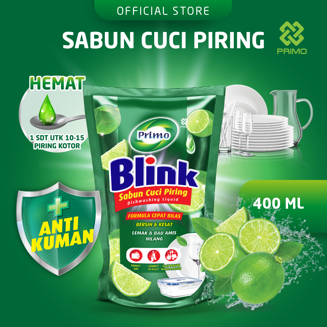 Blink Dishwashing 400mL - Sabun Cuci Piring Jeruk Nipis (Konsentrat Asli, Tanpa Pengental)