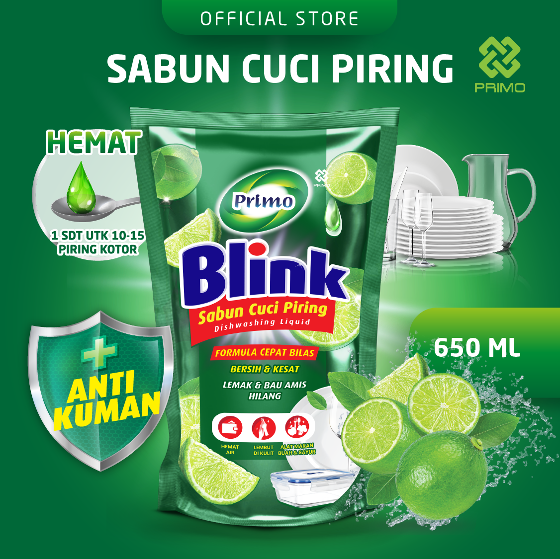 Blink Dishwashing 650mL - Sabun Cuci Piring Jeruk Nipis (Konsentrat Asli, Tanpa Pengental)